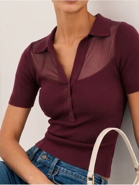 Commense 🖤 Burgundy Short-Sleeve Button-Front Knit Top 💥 NWT